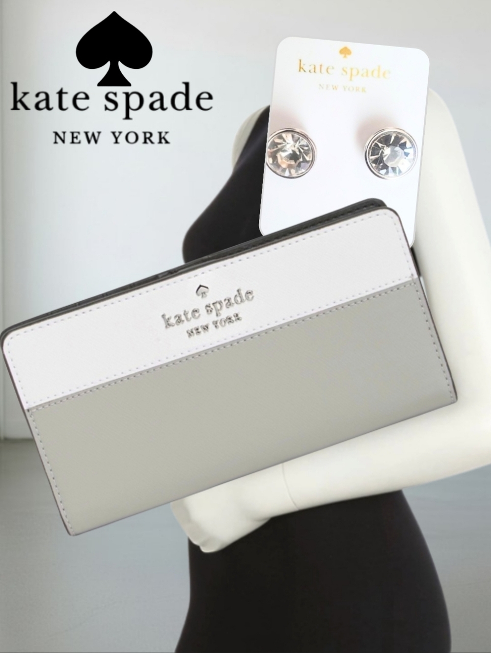 Kate Spade White Grey Black Leather Continental Long Wallet Gumdrop Earrings New